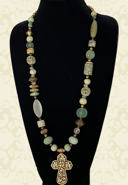 Long Green and Brass Statement Necklace